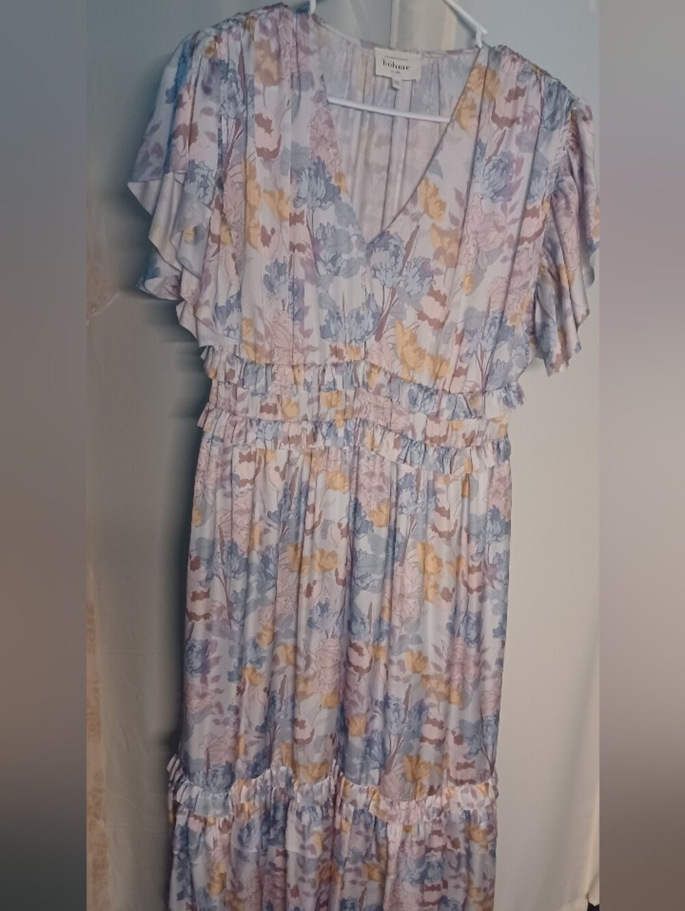 BOHME Brand - Beautiful Floral Satin V-Neck Ruffle Midi Dress in Pastel Multi